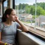 Teenage girl riding MARTA light rail train through Douglasville, Georgia