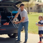 Father loading soccer gear into car with daughter in Thornton, CO park