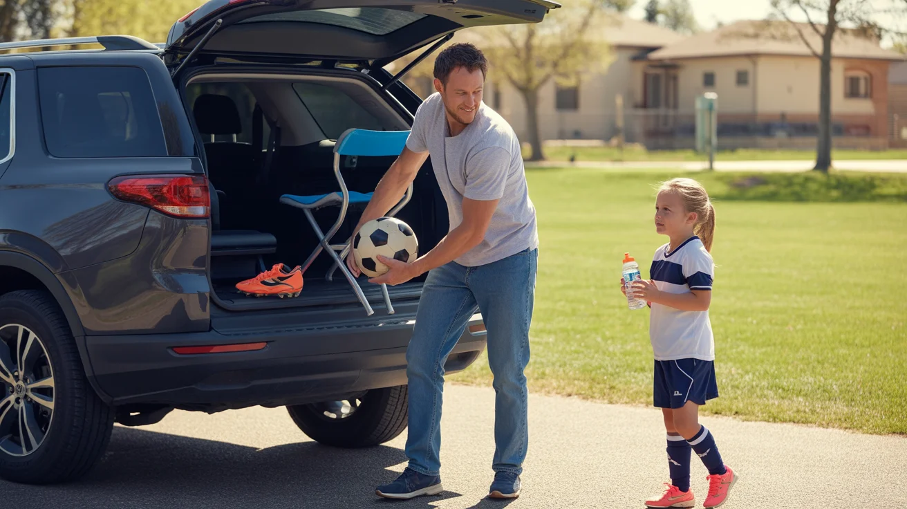 Father loading soccer gear into car with daughter in Thornton, CO park
