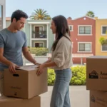 Couple unpacking in their new Anaheim apartment living room