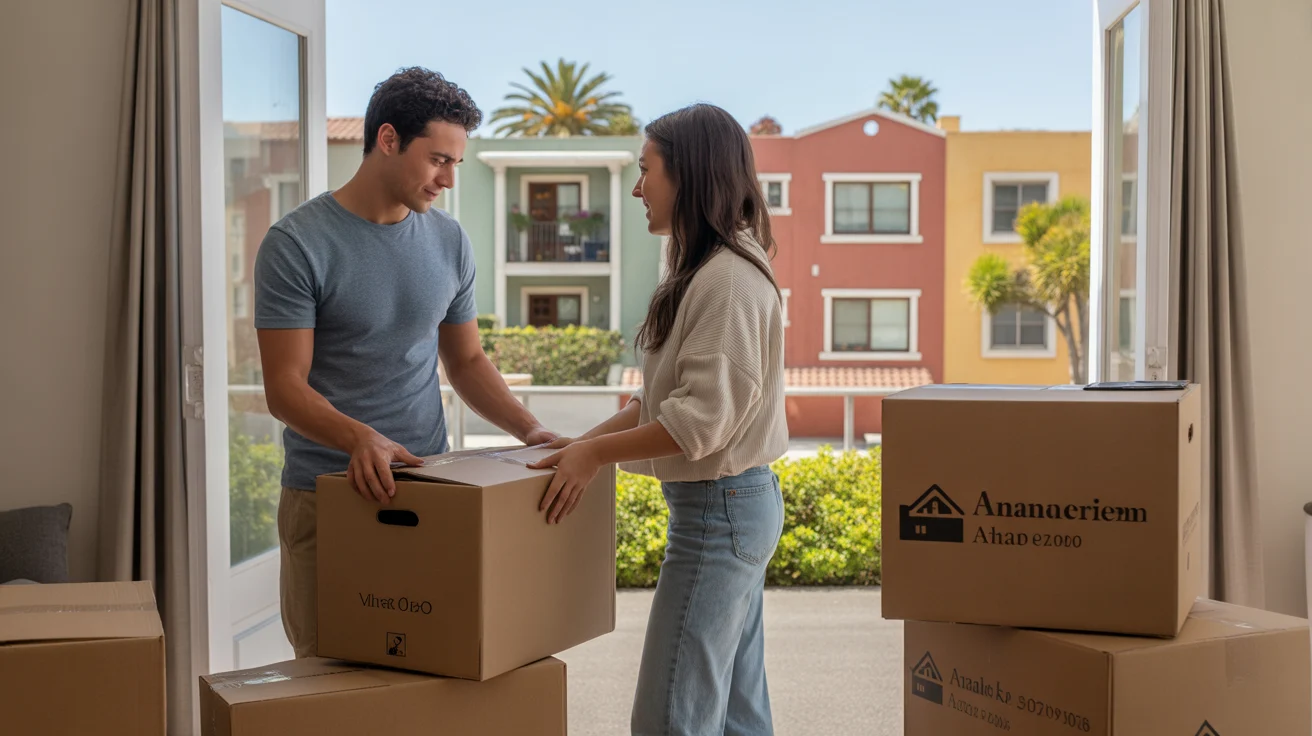 Couple unpacking in their new Anaheim apartment living room