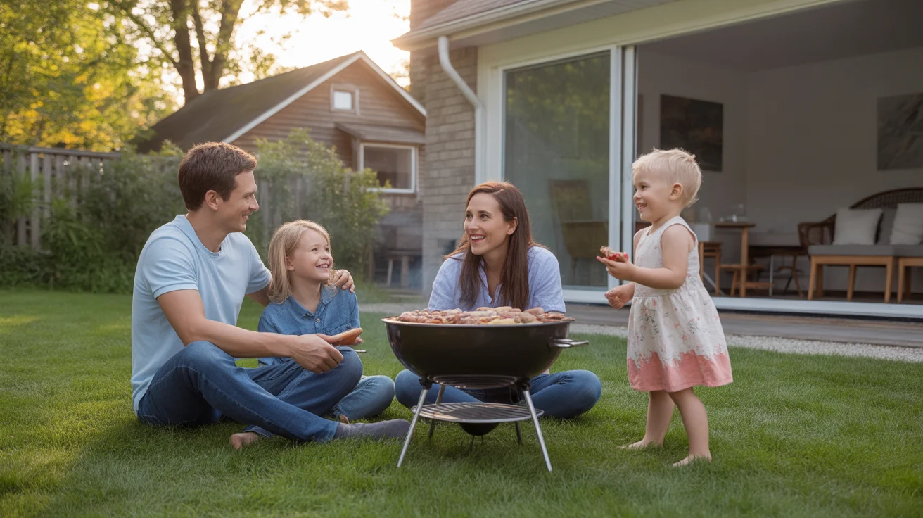 Family having a backyard barbecue at their Ontario home