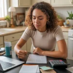 Woman reviewing monthly budget at kitchen table in Round Rock apartment