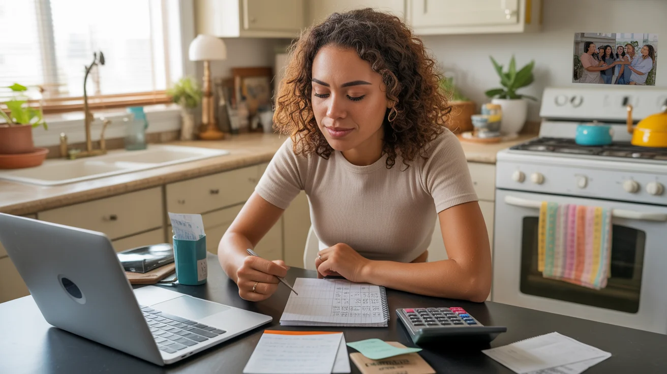 Woman reviewing monthly budget at kitchen table in Round Rock apartment