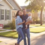 A young family stands in front of their new home in Pflugerville, TX, a suburban neighborhood with modest single-family homes.