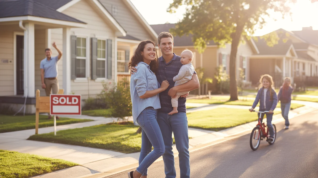 A young family stands in front of their new home in Pflugerville, TX, a suburban neighborhood with modest single-family homes.