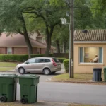 Trash bins in front of a house and apartment building on a sunny suburban street in Stonecrest, Georgia.