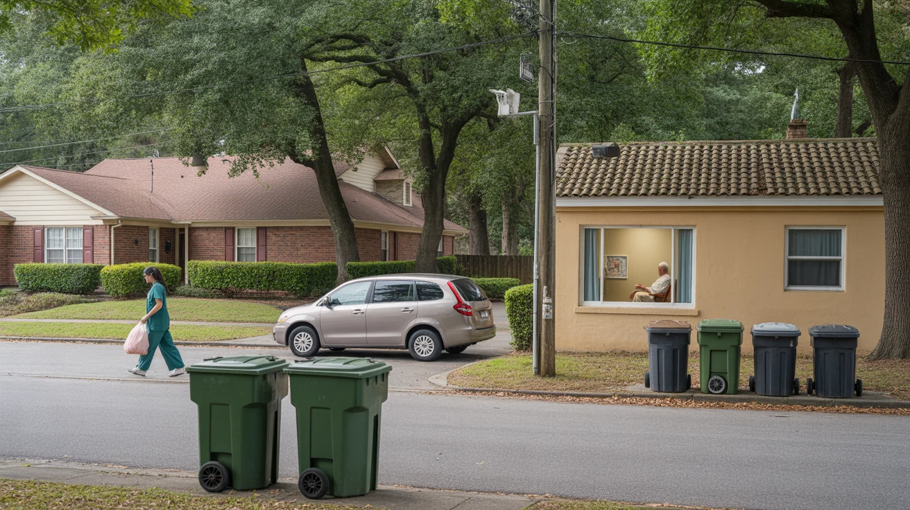 Trash bins in front of a house and apartment building on a sunny suburban street in Stonecrest, Georgia.