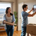 Couple unpacking in their new Centennial apartment with mountain views