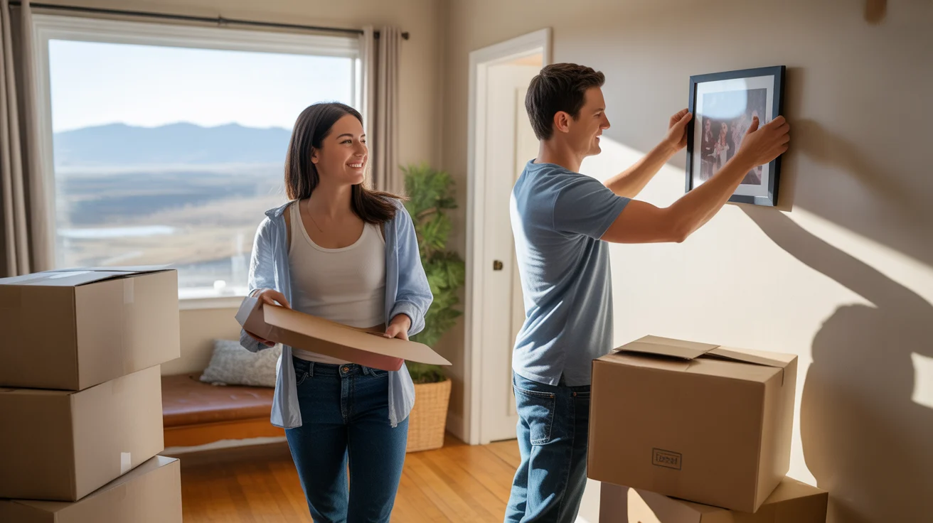 Couple unpacking in their new Centennial apartment with mountain views