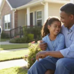Father and daughter sit on front steps of Sugar Land home, neighbor sweeps driveway nearby