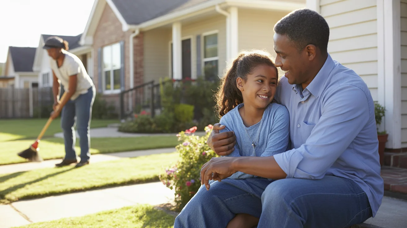 Father and daughter sit on front steps of Sugar Land home, neighbor sweeps driveway nearby