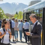 Students exiting a UTA bus at a community college campus stop in Sandy, Utah