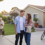 A couple chats with a neighbor in the driveway of their Anaheim home at sunset, showcasing a well-maintained, family-friendly neighborhood.