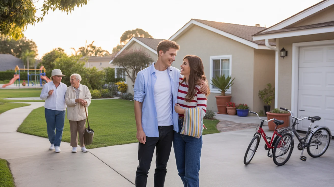 A couple chats with a neighbor in the driveway of their Anaheim home at sunset, showcasing a well-maintained, family-friendly neighborhood.