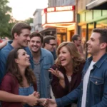 A group of friends gathered outside a local theater in New Braunfels, TX, enjoying each other's company on a pleasant evening.