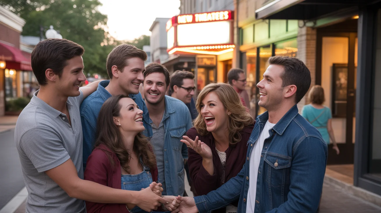 A group of friends gathered outside a local theater in New Braunfels, TX, enjoying each other's company on a pleasant evening.