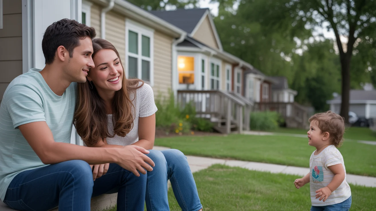 A couple sits on the back steps of their Lexington townhome as their child plays in the yard.