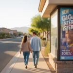 Couple considers internet service ad while walking in Spring Valley, NV at sunset