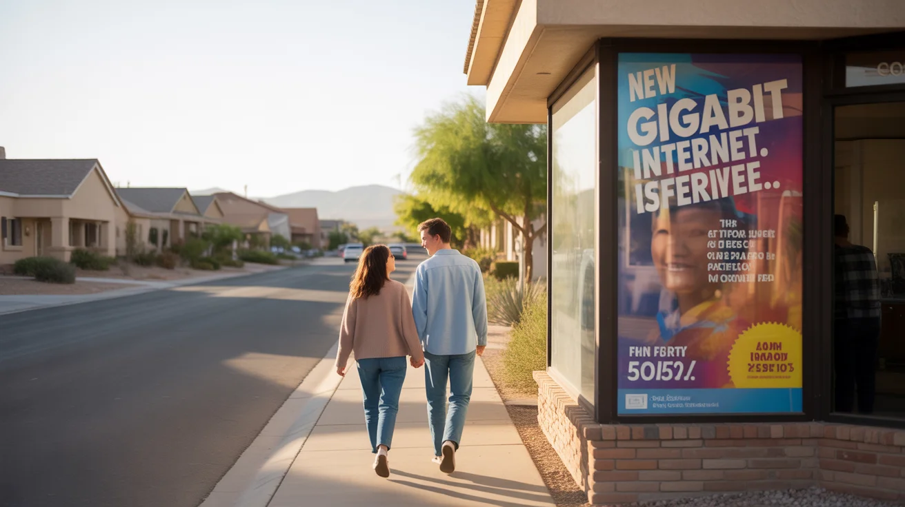 Couple considers internet service ad while walking in Spring Valley, NV at sunset