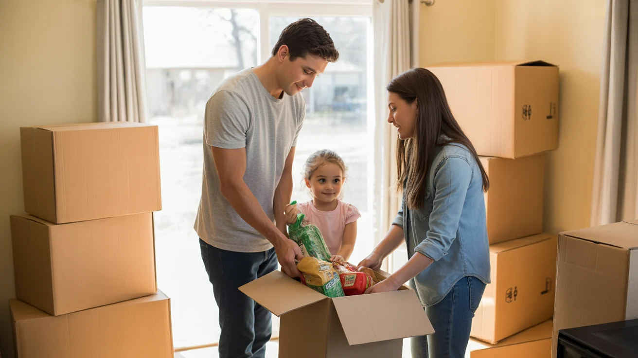 Family unpacks affordable groceries in their new Commerce City home kitchen