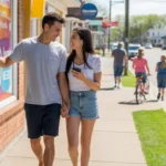 Couple in League City, Texas walks past colorful storefront advertising high-speed internet plans