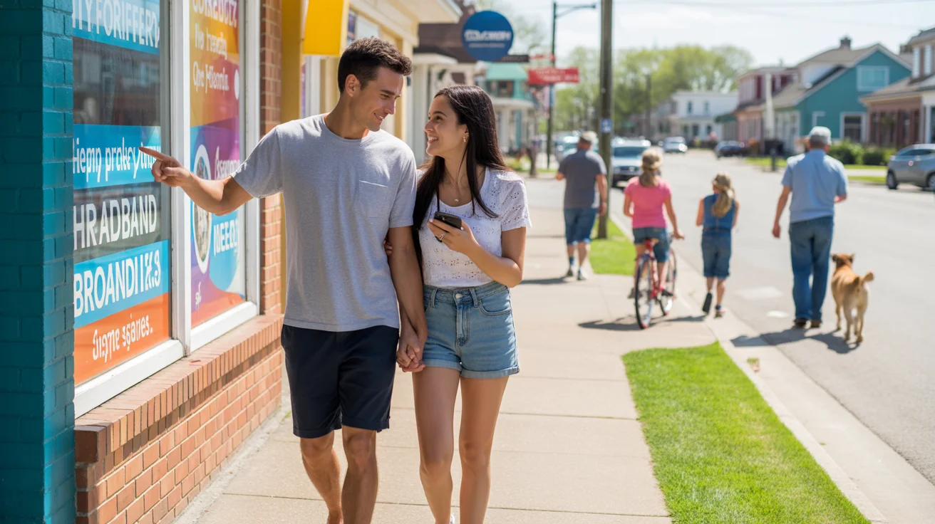 Couple in League City, Texas walks past colorful storefront advertising high-speed internet plans