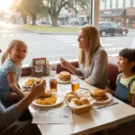 A family of four enjoys dinner together in a cozy booth at a casual diner in Rock Hill, South Carolina.
