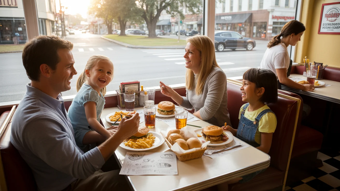 A family of four enjoys dinner together in a cozy booth at a casual diner in Rock Hill, South Carolina.