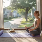 Yoga mat, water bottle, and diffuser by bedroom window in League City, TX home