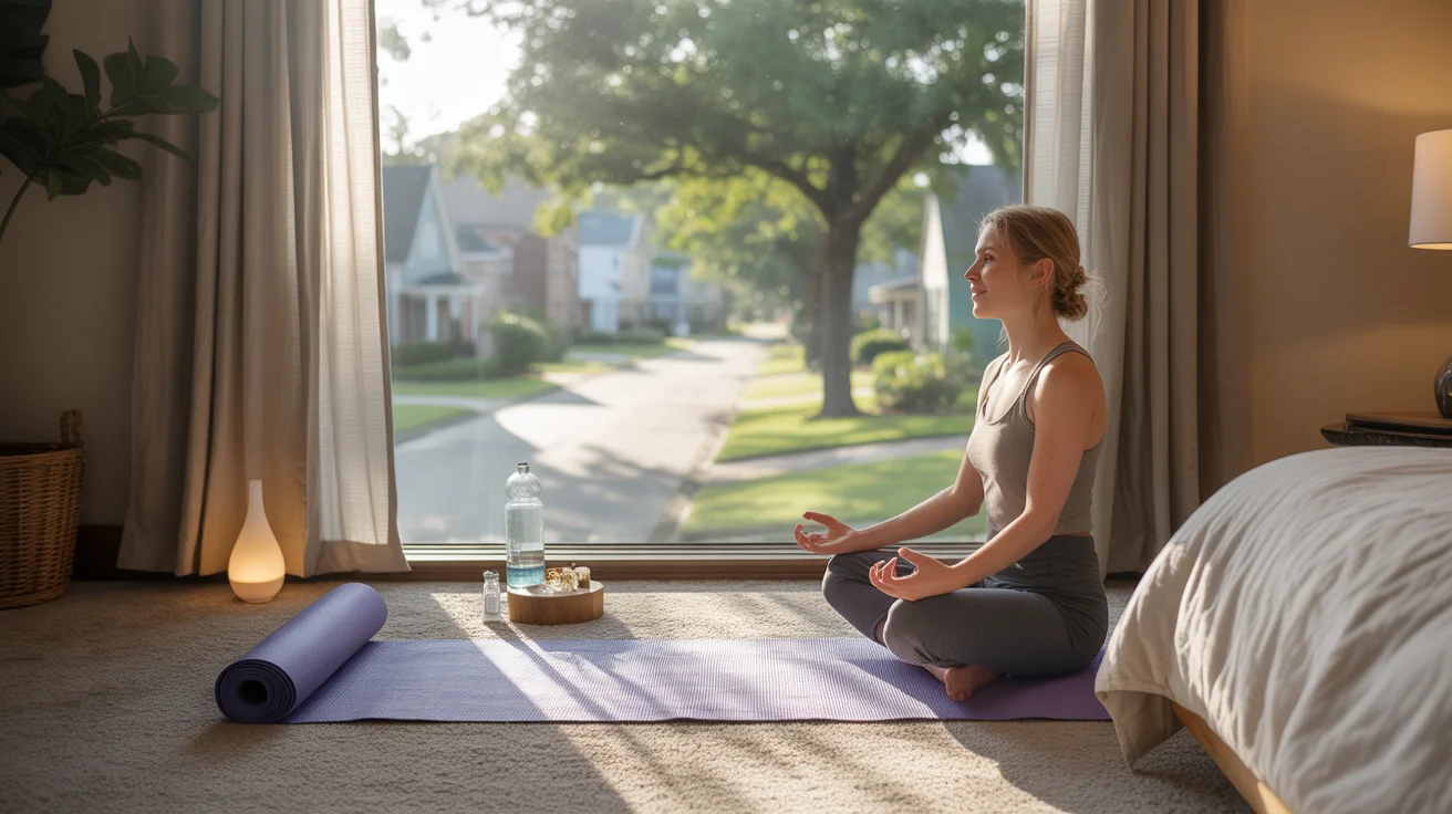 Yoga mat, water bottle, and diffuser by bedroom window in League City, TX home