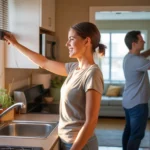 Woman closing blackout curtains in sunlit apartment kitchen in Thornton, Colorado