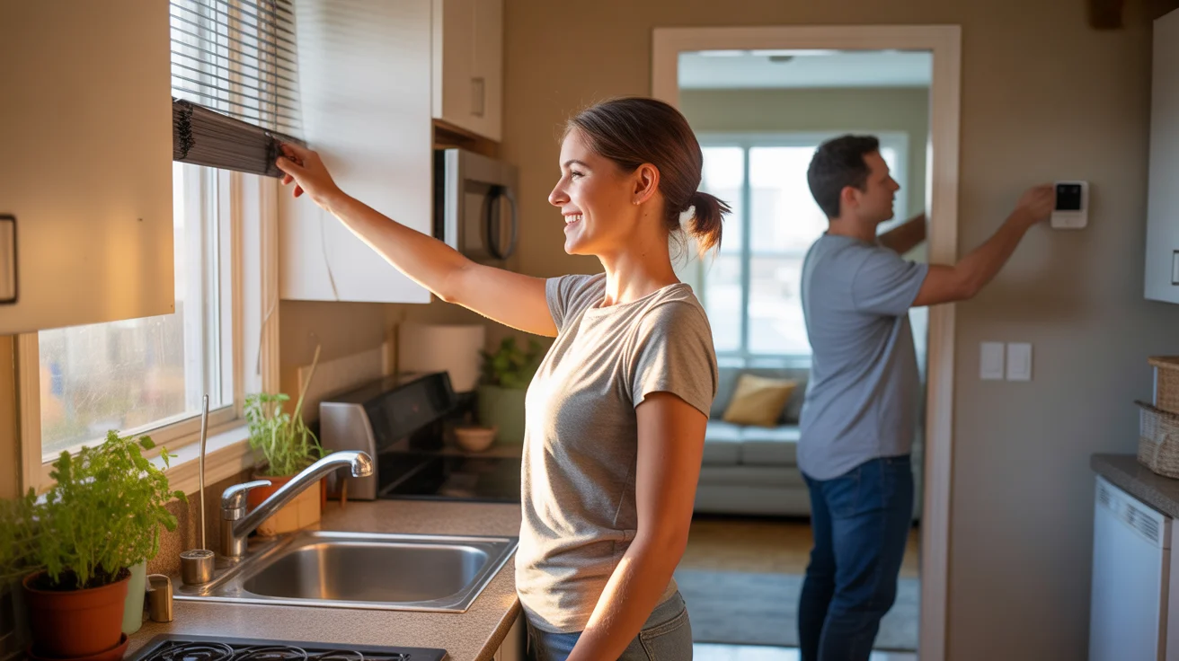 Woman closing blackout curtains in sunlit apartment kitchen in Thornton, Colorado