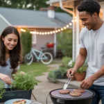 A couple enjoying a casual dinner on their cozy Raleigh patio, surrounded by herbs and a small grill.