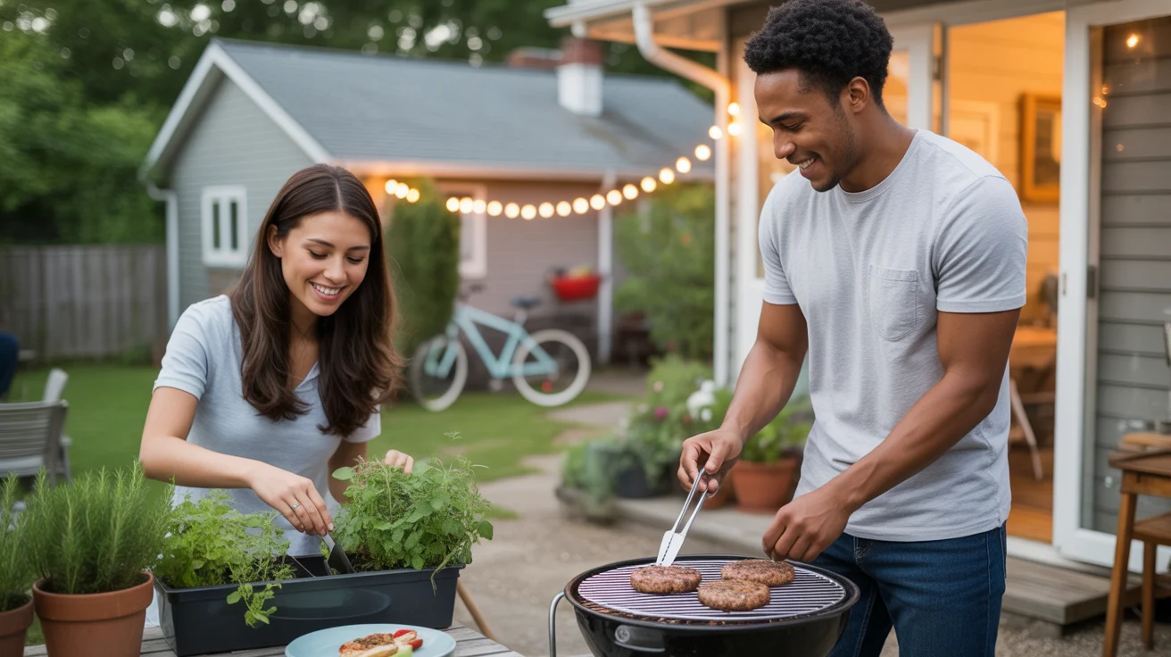 A couple enjoying a casual dinner on their cozy Raleigh patio, surrounded by herbs and a small grill.