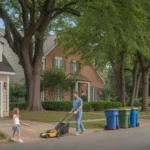 Trash bins lined up outside a townhome and single-family house on a tree-lined street in Raleigh, NC