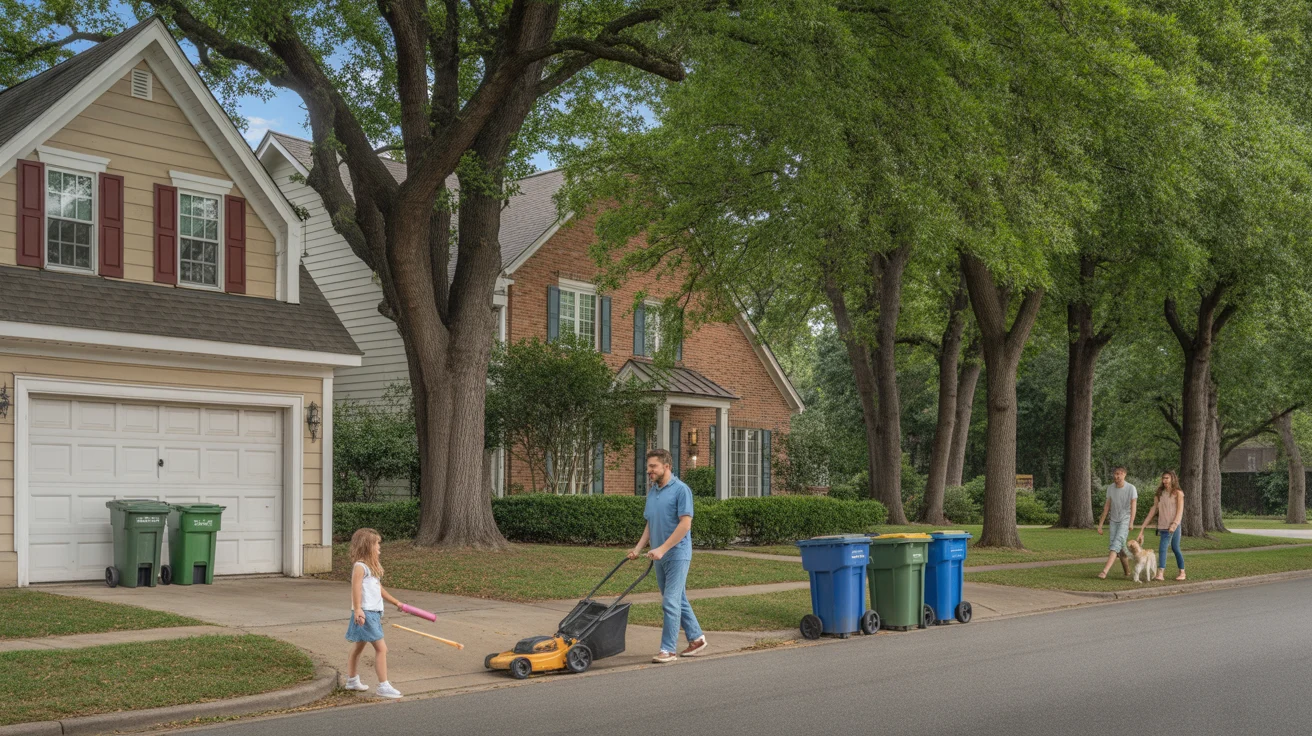 Trash bins lined up outside a townhome and single-family house on a tree-lined street in Raleigh, NC