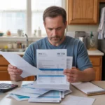 Man reviewing utility bills and fees at his kitchen table in Alpharetta, Georgia home