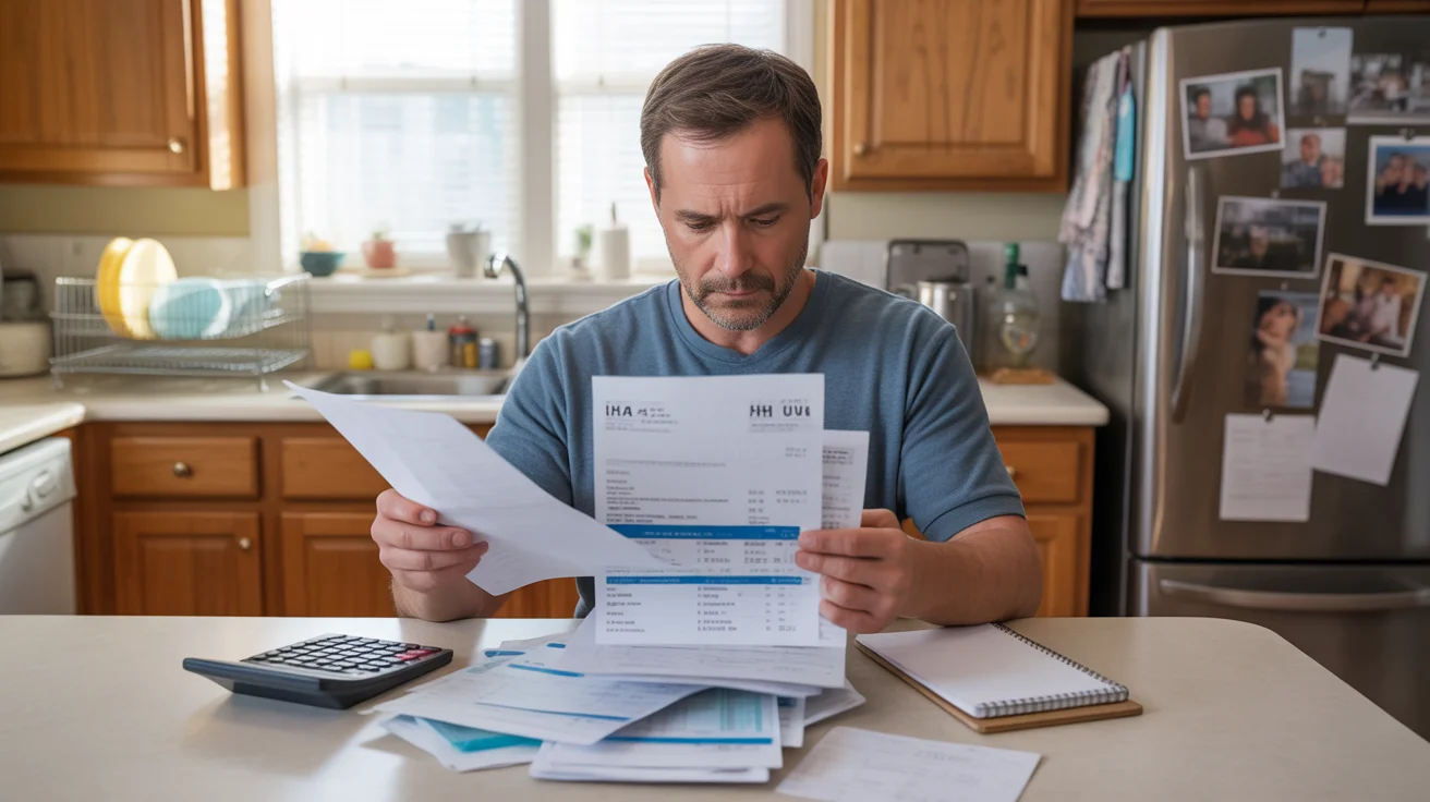 Man reviewing utility bills and fees at his kitchen table in Alpharetta, Georgia home