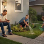 Father checking phone on front steps while wife waters plants and daughter plays hopscotch in Kissimmee yard on summer morning