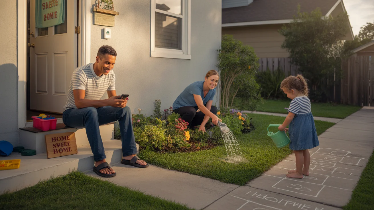 Father checking phone on front steps while wife waters plants and daughter plays hopscotch in Kissimmee yard on summer morning