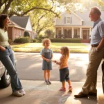 Neighbors chat in driveway while children play with sidewalk chalk on a quiet suburban street in Apex, North Carolina