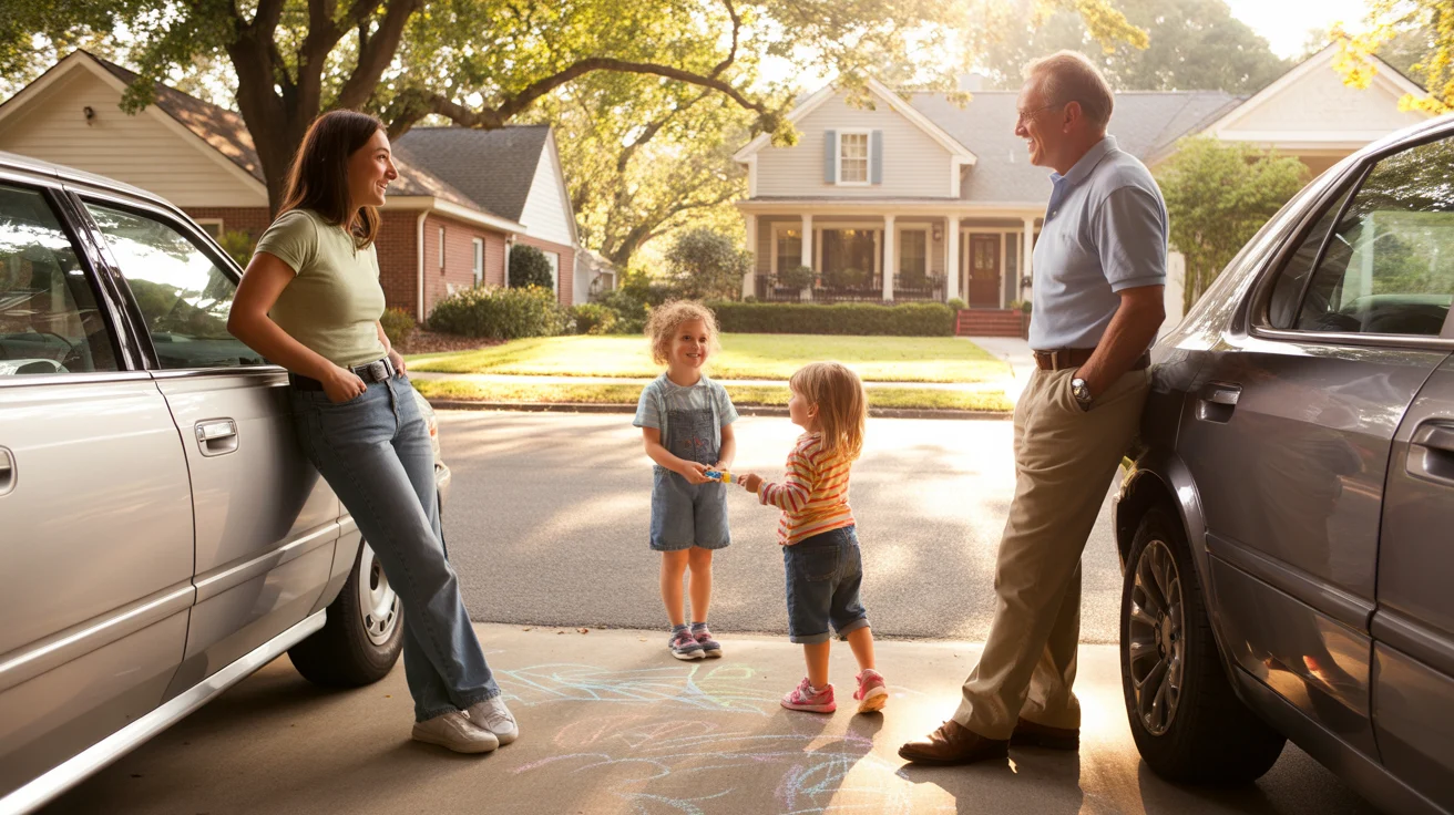 Neighbors chat in driveway while children play with sidewalk chalk on a quiet suburban street in Apex, North Carolina