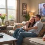 Couple streaming TV show in cozy Chino Hills living room