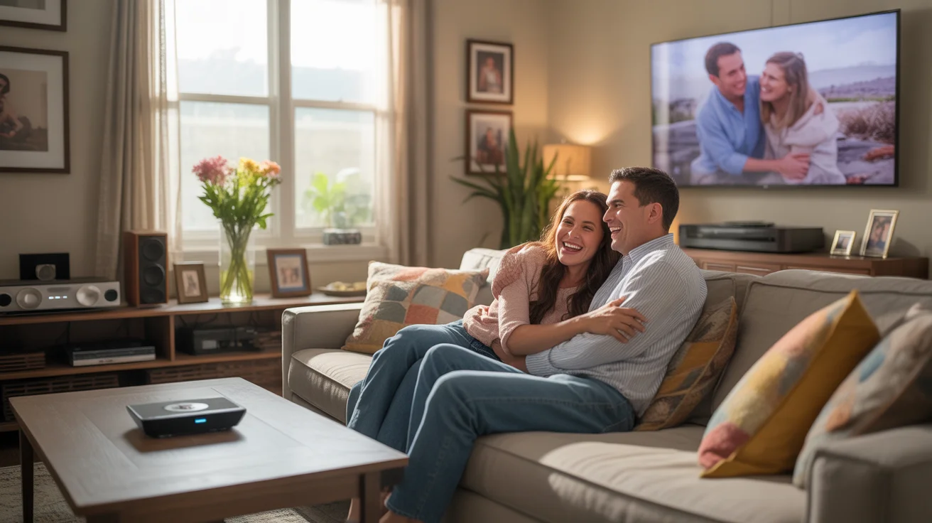 Couple streaming TV show in cozy Chino Hills living room