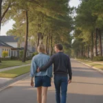 Couple walking through a peaceful Douglasville neighborhood at sunset