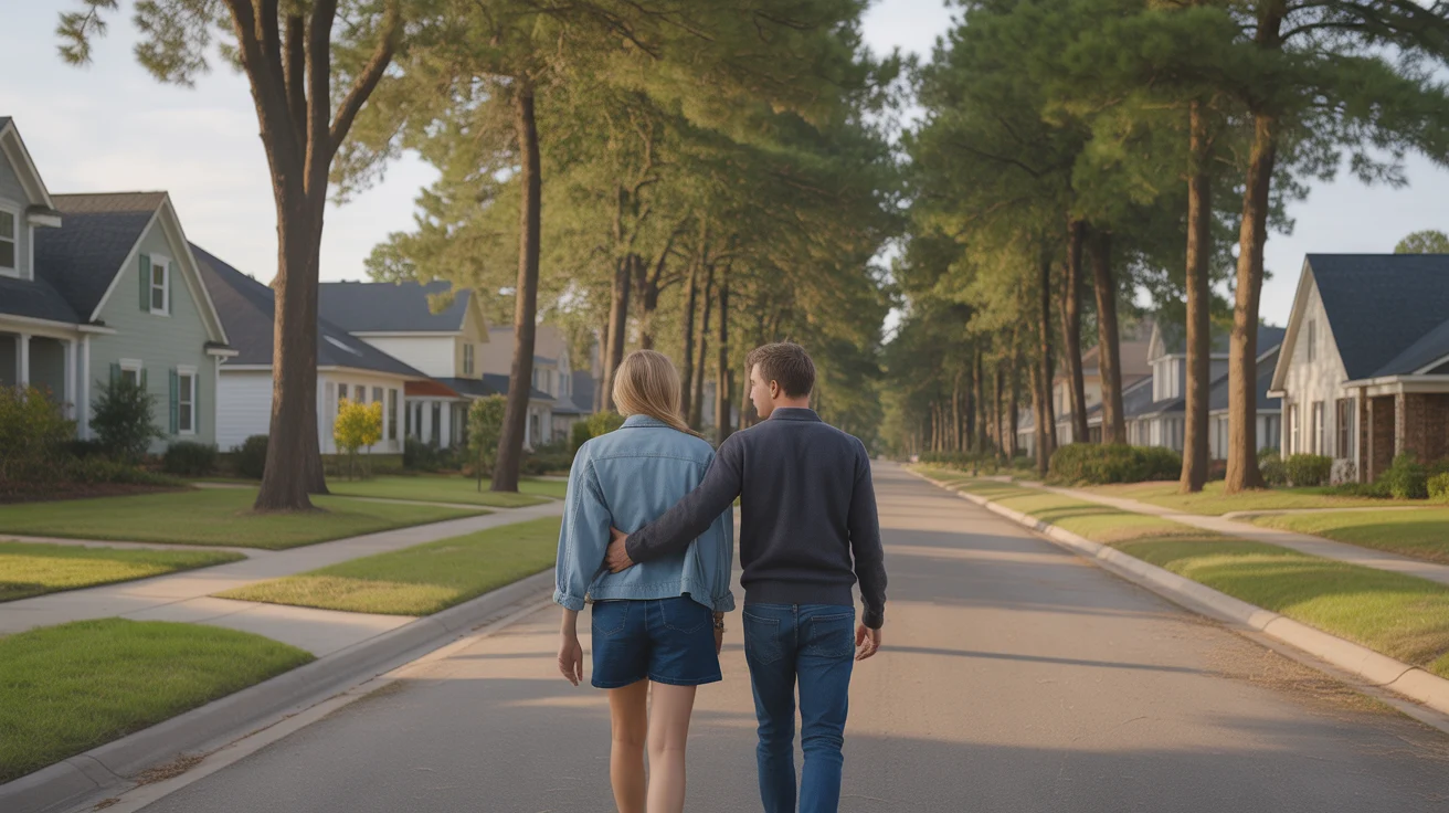 Couple walking through a peaceful Douglasville neighborhood at sunset