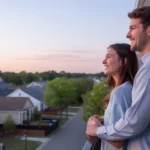 Couple on apartment balcony looking at Cary neighborhood at sunset