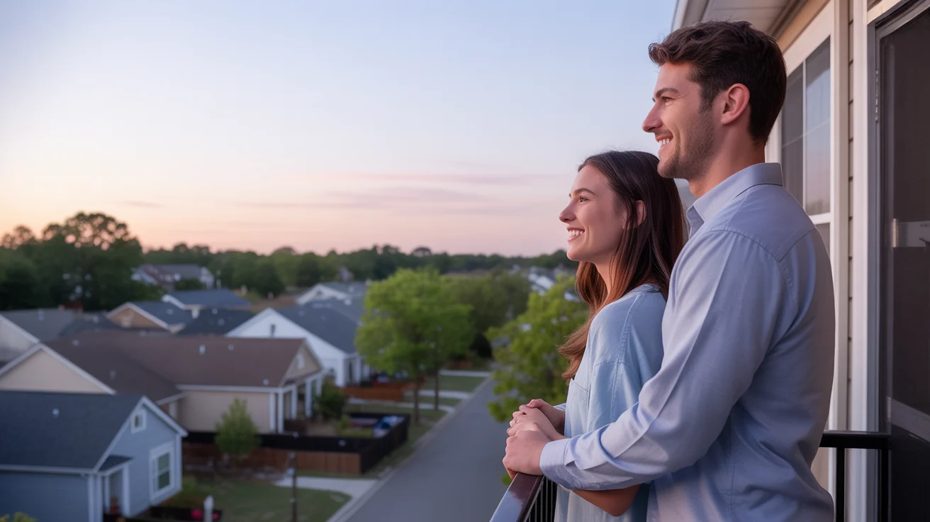 Couple on apartment balcony looking at Cary neighborhood at sunset