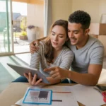 Couple budgeting in new unfurnished Brandon FL home